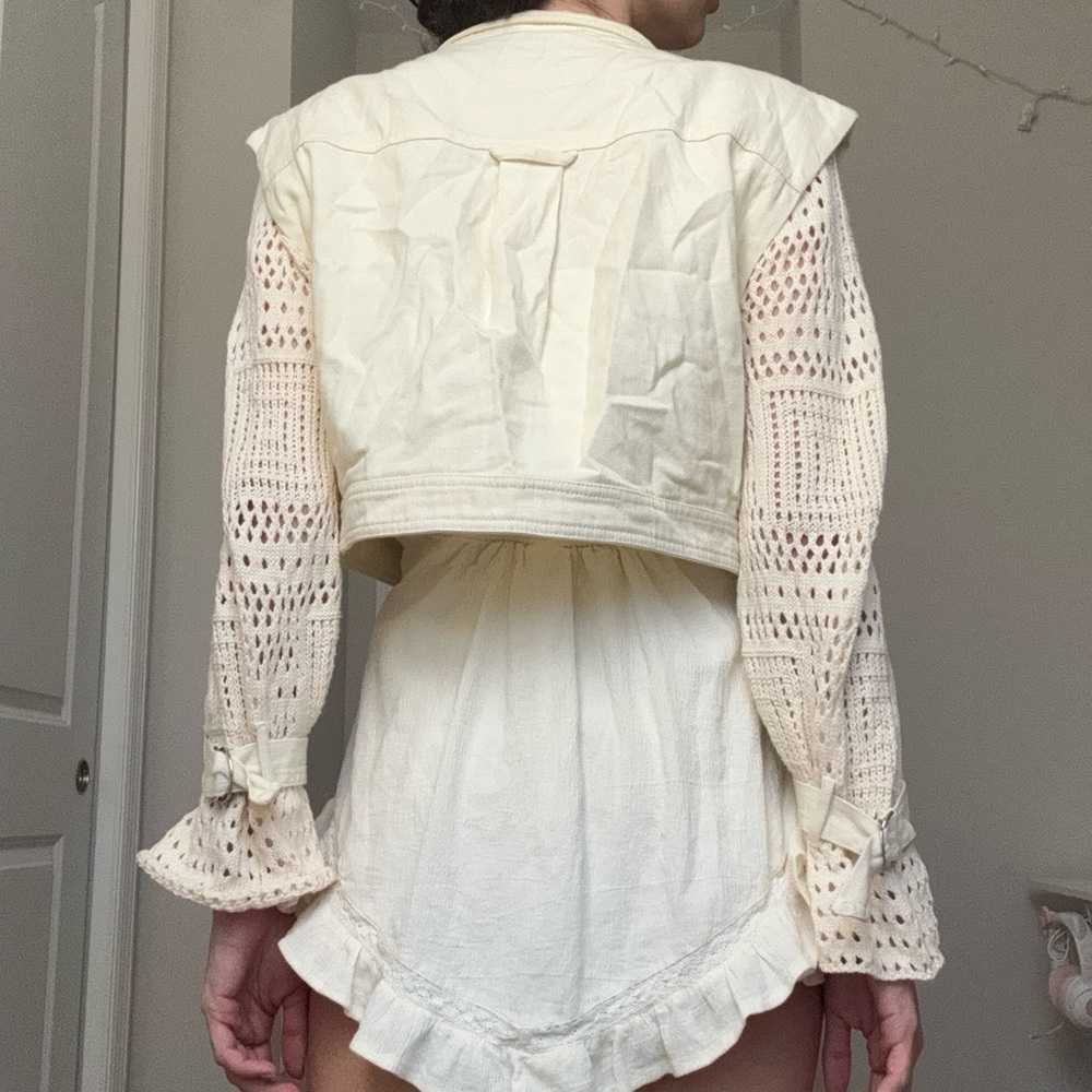 Crochet knit cream cropped jacket - Picture 3 of 4